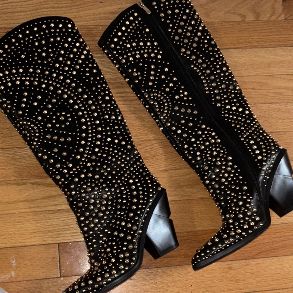 Elegant gold Studded Black genuine leather Heeled Boots.